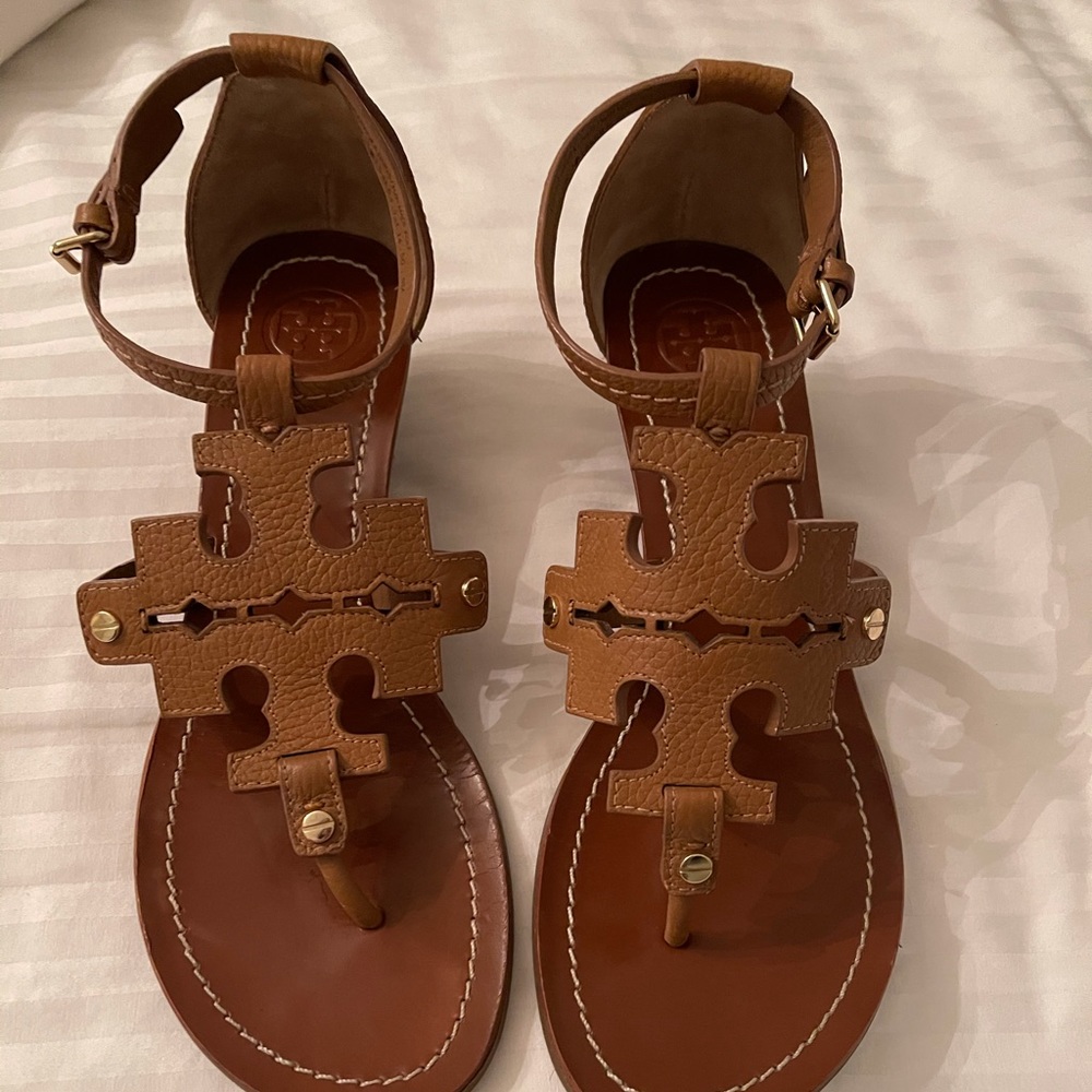 Tory Burch Brown Leather Double T Wedge Sandals